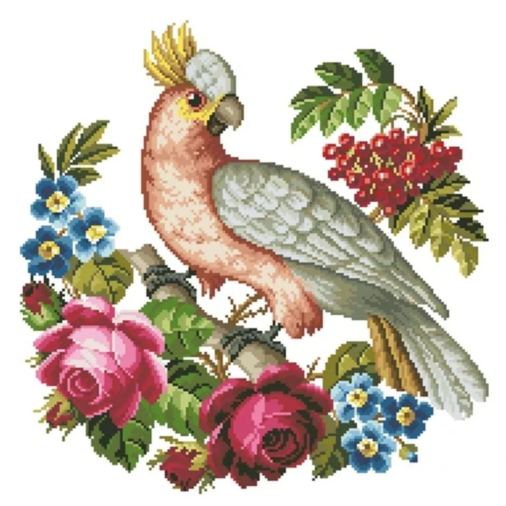 Parrot Counted Cross Stitch Kit Tropical Bird Flowers Needlepoint Kit